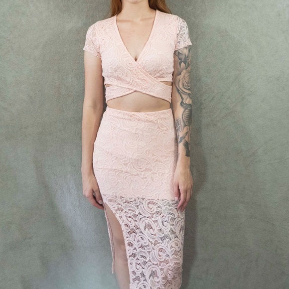 Joyce Leslie Dresses & Skirts - Pink lace cutout two piece crop top skirt set